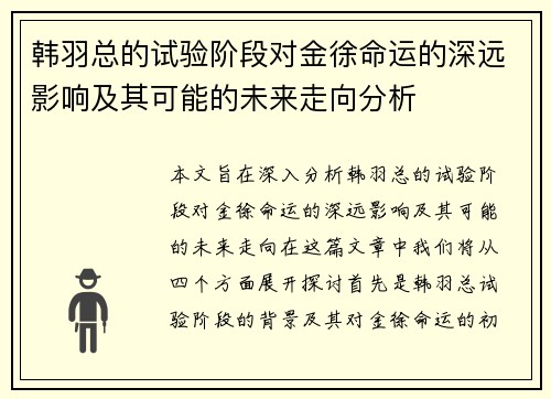 韩羽总的试验阶段对金徐命运的深远影响及其可能的未来走向分析